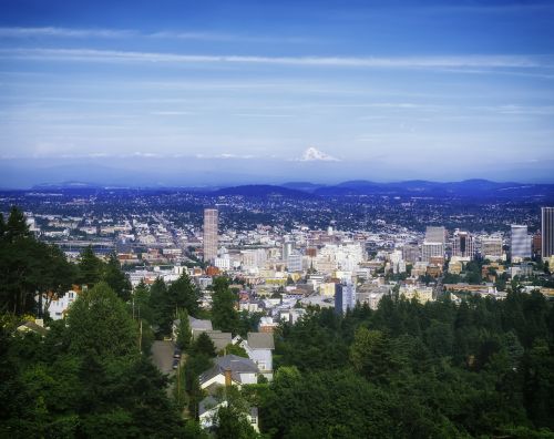 Portlandas, Oregonas, Miesto Panorama, Miestas, Miestai, Miesto, Medžiai, Pastatai, Architektūra, Vista, Kalno Dangtis, Lauke, Vaizdingas, Dangus, Debesys, Kalnai