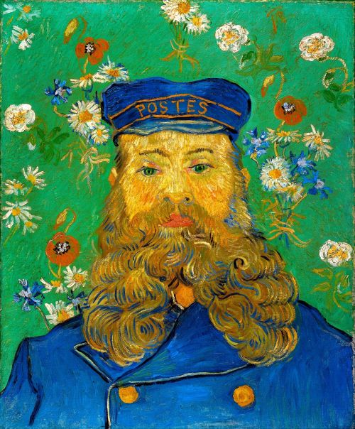 Post-Impresionistas, Post-Impresionizmas, Vaizduojamasis Menas, Mėlynas, Olandų, Portretas, Barzda, Dailininkas, Spalvinga, Žalias, Gėlės, Gėlių, Pašto Išlaidos, Paštas, Uniforma, France, Prancūzų Kalba, Paštas, Vyras, Patinas, Vincent Van Gogh, Dažymas