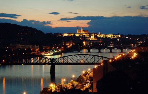 Prague, Vakaras, Saulėlydis, Vltava, Miesto Žiburiai, Tiltas, Upė, Vaizdas, Panoraminis