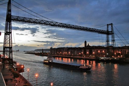 Puente Portugalete, Bilbao, Vizcaya, Ispanija, Portugalete, Getxo, Architektūra, Tiltas, Baskų, Metalas, Laivai, Nocturne, Orientyras