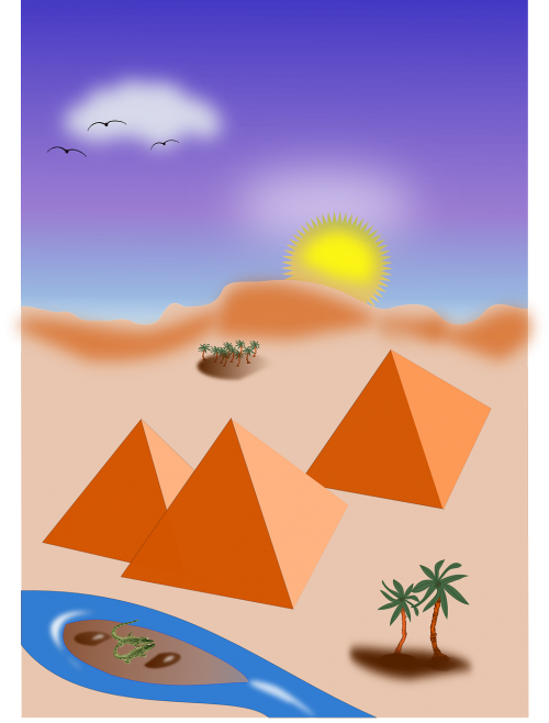 Piramidė, Egiptas, Dykuma, Palmės, Oazė, Smėlis, Krokodilas, Saulėtekis, Nemokama Vektorinė Grafika