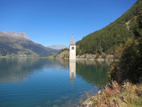 Reschensee, Reschen Pass, South Tyrol, Ežeras, Bokštas, Povandeninis