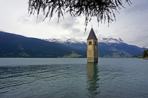 Resia, Venosta, Merano, Ežeras Resia, Ežeras, Val Venosta, Kampanelis, Vanduo, Kraštovaizdis, Italy, South Tyrol, Širdis