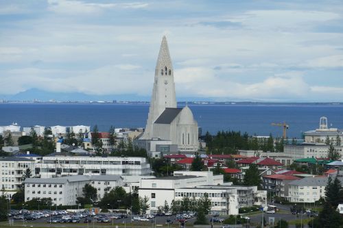 Reikjavikas, Iceland, Panorama, Bažnyčia, Hallgrímskirkja, Kalnai, Атлантический, Jūra, Vaizdas, Perspektyva