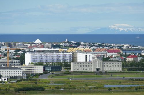 Reikjavikas, Iceland, Panorama, Bažnyčia, Hallgrímskirkja, Kalnai, Атлантический, Jūra, Vaizdas, Perspektyva