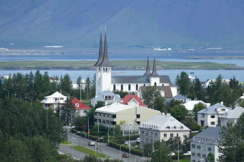 Reikjavikas, Iceland, Panorama, Bažnyčia, Kalnai, Атлантический, Jūra, Vaizdas, Perspektyva