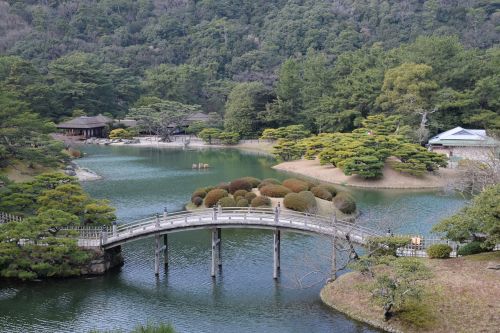Ritsurin Sodas, Shikoku, Sodas, Takamatsu, Ežeras, Tiltas