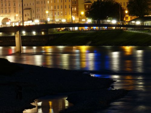 Upė, Tiltas, Naktinė Nuotrauka, Žibintai, Atspindys, Salzach, Salzburg, Austria, Naktis, Miestas
