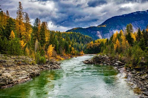 Upė, Ledynas Nacionalinis Parkas, Montana, Kraštovaizdis, Vaizdingas, Dangus, Debesys, Vanduo, Apmąstymai, Kalnai, Miškas, Medžiai, Miškai, Ruduo, Kritimas, Gamta, Lauke, Šalis, Kaimas, Kaimas, Dykuma, Hdr