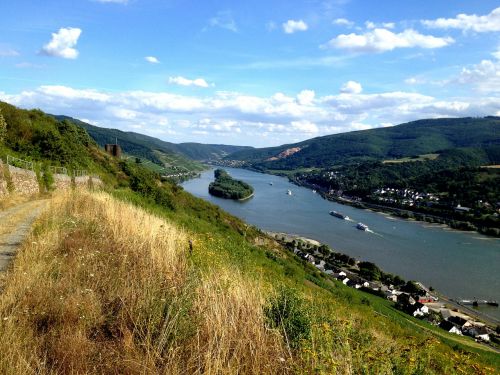 Upė, Rhein, Panorama, Kraštovaizdis, Dangus, Mėlynas, Debesys, Kalvos, Kalnai, Vaizdas, Riverside, Gyvenvietės, Namai, Vokietija