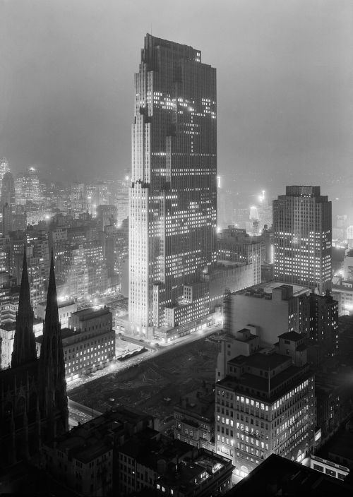 Rockefeller Centras, Dangoraižis, Niujorkas, Nyc, Niujorkas, Ny, Miestas, Juoda Ir Balta, 1933, Usa, Metropolis, Amerikietis, Industrializacija, Jungtinės Valstijos, Pastatas, Architektūra