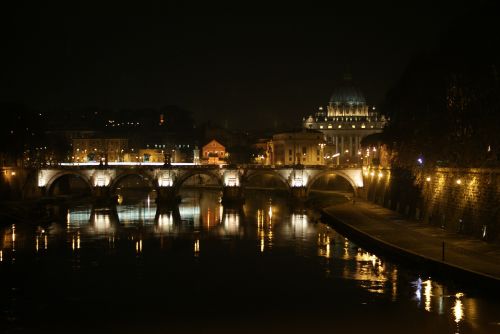 Roma, Vatikanas, Naktis, Italy, Šv. Petro Katedra, Vatikano Kalnas, Architektūra, Bazilika, Bažnyčia, Upė, Tiltas
