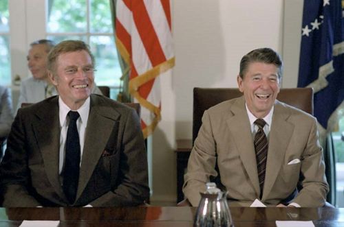 Ronald Reagan, Charlton Heston, 40-Asis Prezidentas, Aktorius, Prezidento Darbo Grupė, Baltos Namo Kabinos Kambarys, 1981, Prezidentas, Jungtinės Valstijos, Usa, Amerikietis