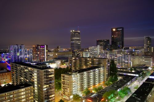 Rotterdam, Miesto Panorama, Naktis, Ilga Ekspozicija, Pastatai, Architektūra, Dangus