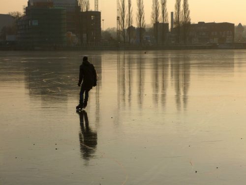 Rummelsburgo Įlanka, Berlynas, Žiema, Ledas, Skate, Čiuožėjas, Čiuožimo