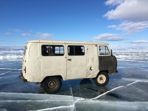 Rusija, Ežero Baikalas, Mini Autobusas, Senas Automobilis, Ledas, Užšalusis Ežeras, Žiema