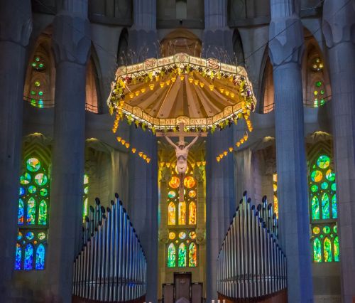 Sagrada Familia Katedra, Barcelona, Architektūra, Jėzaus Kristaus Bažnyčia, Žinomas, Religija, Katalikybė, Orientyras, Ispanija, Gotika, Statyba, Europa, Krikščionybė, Interjeras, Vitražas, Krikščioniškas Simbolis