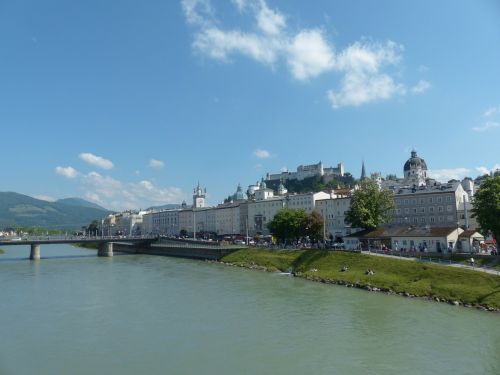 Salzburg, Senamiestis, Salzach, Mozartsteg, Hohensalzburgo Tvirtovė, Upė, Miestas, Austria