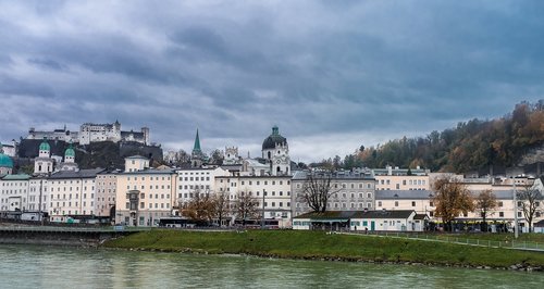 Salzburg,  Austrija,  Upės Krantas,  Vienuolynas,  Pilis,  Upė,  Kraštovaizdis