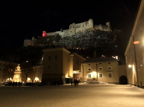 Salzburg, Austria, Naktis, Pilis, Senas, Žiema, Sniegas