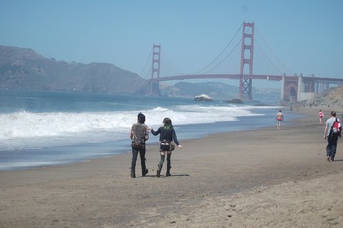 San Franciskas,  Auksinių Vartų Tiltas,  Vandens,  Bangų,  Žmogus,  Vaikščioti,  Papludimys,  Amerika