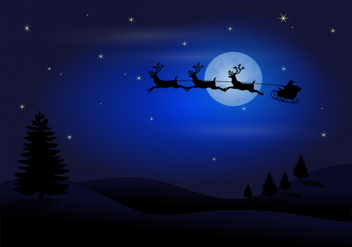 Santa, Claus, Kalėdos, Šiaurės Elniai, Kranai, Skraidantis, Naktis, Rogės, Mėnulis, Šventė, Kalėdų Senelis, Gruodžio Mėn ., Nemokama Vektorinė Grafika