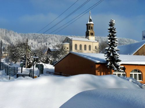 Saupsdorf Bažnyčia, Sniegas, Žiema, Šaltas, Medžiai, Žiemos Svajonė, Snieguotas, Žiemą, Balta