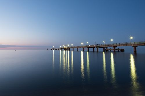 Jūros Tiltas, Göhren, Baltijos Jūra, Sala, Rügen, Saulėlydis, Twilight, Žibintai