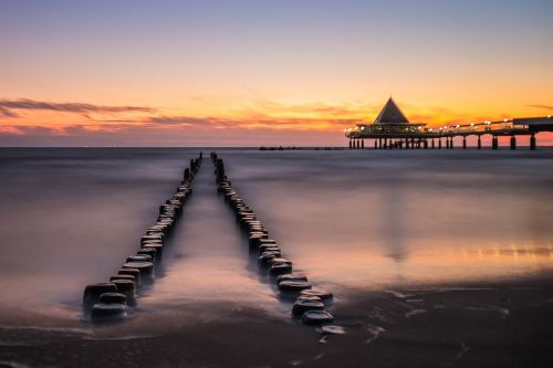 Jūros Tiltas, Heringsdorf, Sala, Usedom, Sala Usedom, Vakarų Pomeranija, Papludimys, Baltijos Jūra, Vanduo, Kaiser Vonios, Tiltas, Saulėtekis, Kranto, Smėlis, Twilight, Ostseebad, Baltijos Jūros Pakrantė, Šventė, Saulė, Internetas