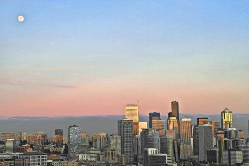 Seattle, Panorama, Mėnulis, Saulėlydis