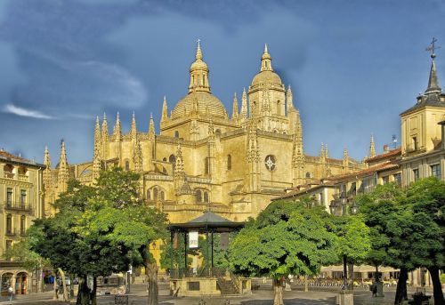 Segovia, Ispanija, Katedra, Bažnyčia, Pastatai, Architektūra, Miestas, Hdr, Medžiai, Plaza, Miesto