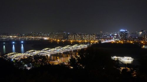 Seulas, Naktinis Vaizdas, Han Upė, Hangang Tiltas, Tiltas, Naktinė Fotografija, Naktinis Peizažas, Pramoginė Valtis