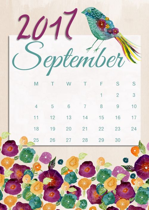 September, Kalendorius, 2017, Gėlių, Paukštis, Romantiškas, Dizainas, Apdaila, Metai, Almanachas