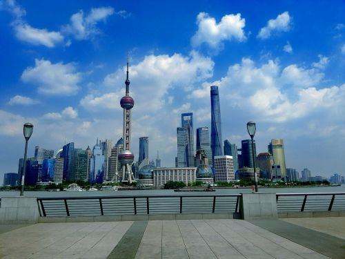 Šanchajus, Bund, Orientacijos Perlas, Huangpu Upė, Mėlynas Dangus, Baltas Debesys, Vasara, Kraštovaizdis, Šanchajaus Centras