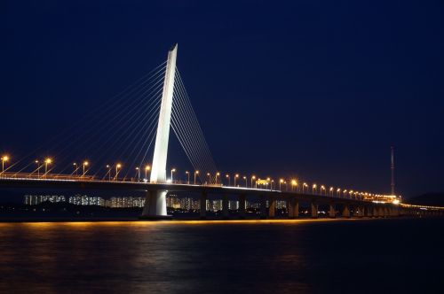 Shenzhen Bay Bridge, Shenzhen, Tiltas, Naktinis Vaizdas
