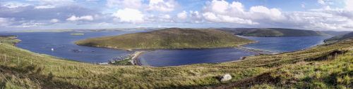 Shetland Salos, Tombolo, St Ninian Sala, Smėlio Baras, Škotija, Panorama
