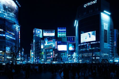 Shibuya, Sankryža, Panorama, Naktis, Tamsa, Blizgučiai, Šviesa, Lauke, Mėlynas, Mėlyna Šviesa, Pastatas, Tokyo, Shibuya Kryžius