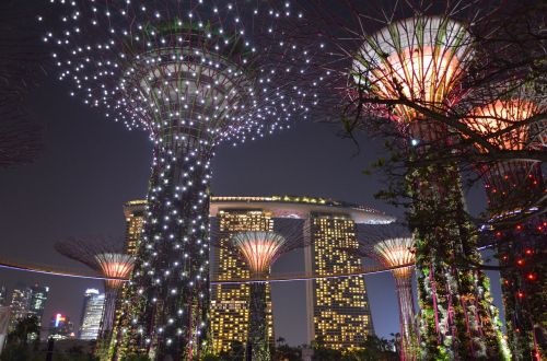 Singapūras, Sodas Prie Įlankos, Tripnight, Ugnis, Dirbtiniai Medžiai, Miestas, Moderni Architektūra