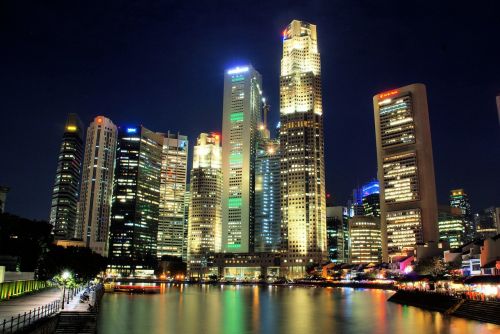 Singapūras, Naktis, Architektūra, Miesto Panorama