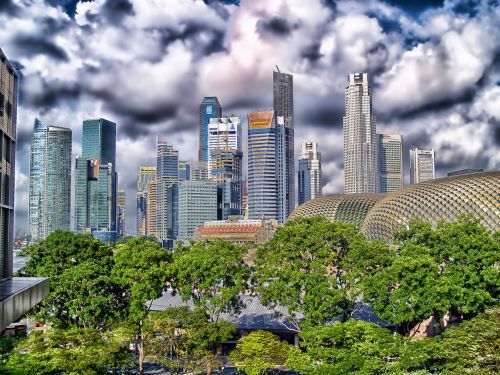 Singapūras, Miestas, Miesto, Dangoraižiai, Pastatai, Architektūra, Hdr, Dangus, Debesys, Miestai, Panorama, Medžiai