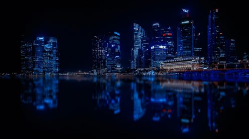 Singapūras, Dangoraižiai, Miestas, Modernus Miestas, Architektūra, Atspindys, Vanduo, Atspindys Vandenyje, Naktis, Vakarinė Nuotrauka