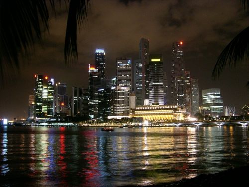 Singapūras, Miestas, Jūra, Vaizdas, Naktis, Apšvietimas, Dangoraižiai, Dangoraižis, Žibintai, Ilga Ekspozicija