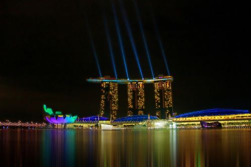 Singapūras, Miestas, Pajūryje, Naktis, Apšvietimas, Dangoraižis, Ilga Ekspozicija, Asija