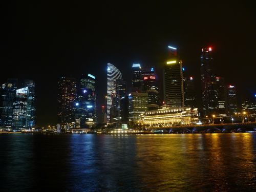 Singapūras, Panorama, Asija, Pastatas, Miestas, Naktis, Vanduo, Dangoraižis