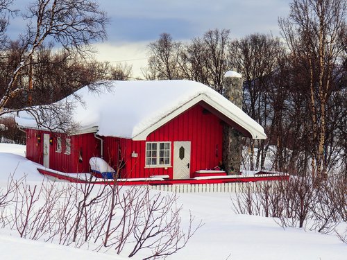 Sniegas,  Žiemos,  Šalto,  Pašiūrė,  Mediena,  Norvegija,  Laplandija,  Finnmarkas,  Pobūdį,  Statyba,  Raudonas