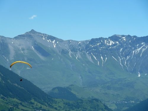 Sniegas, Kalnas, Šveicarija, Vasara, Rokas, Saulėtas, Žalias, Paragliding, Geltona