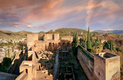 Ispanija, Granata, Andalūzija, Akmenys, Maurų, Arabiškas, Pilis, Rūmai, Alhambra, Architektūra, Panorama