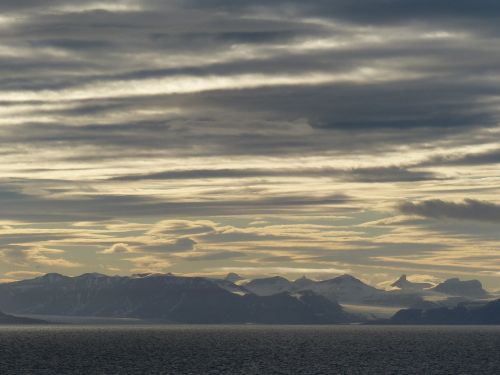 Spitsbergenas, Dangus, Saulėlydis, Kalnai, Jūra, Ežeras, Debesys