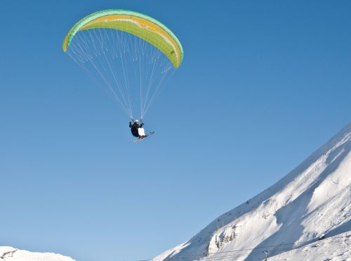 Sportas, Žiema, Paragliding, Slidinėjimas, Sniegas, Dangus, Kalnai