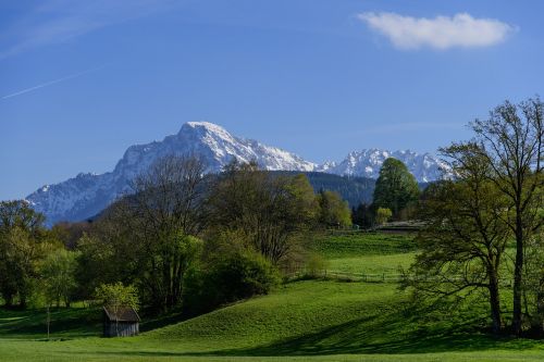 Pavasaris, Kalnai, Sniegas, Kraštovaizdis, Pieva, Berchtesgadener Žemės, Dangus, Mėlynas